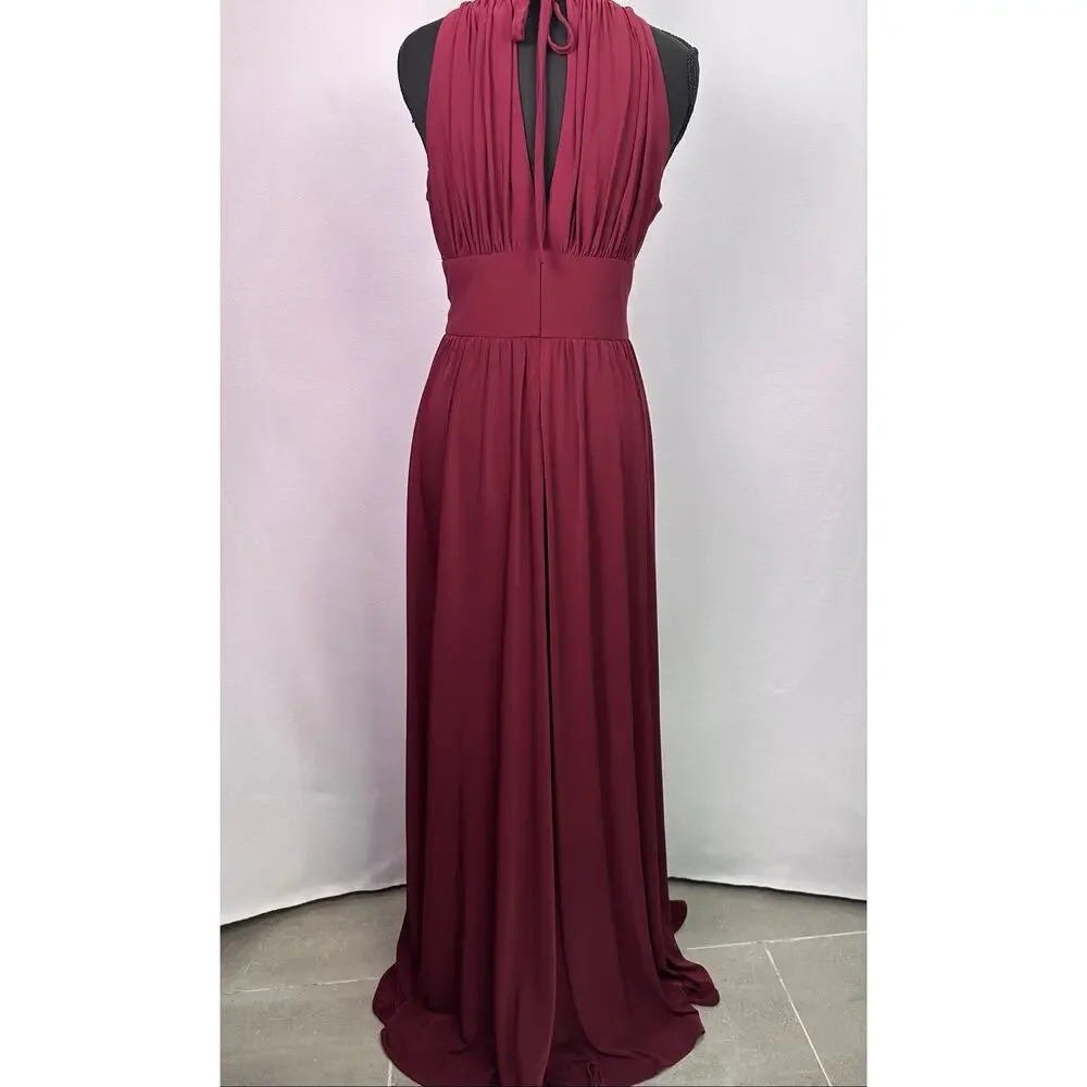 R&M Richards Wine Beaded Halter Evening Gown Keyhole Neck Maxi Dress Size 8 - Picture 7 of 15